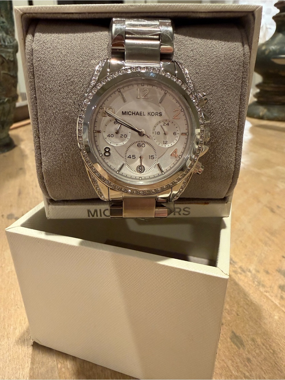 NIB Michael Kors Silver Crystal-Trim Chronograph Women's Watch